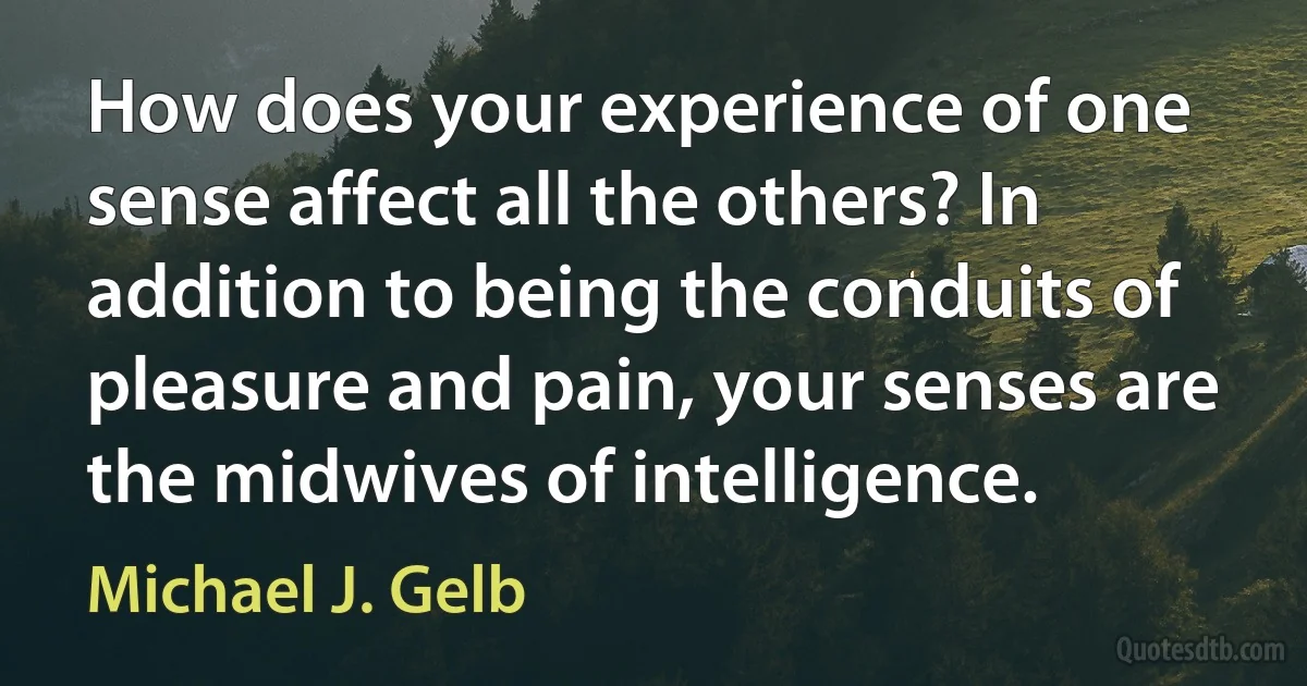 How does your experience of one sense affect all the others? In addition to being the conduits of pleasure and pain, your senses are the midwives of intelligence. (Michael J. Gelb)