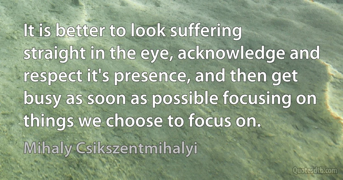 It is better to look suffering straight in the eye, acknowledge and respect it's presence, and then get busy as soon as possible focusing on things we choose to focus on. (Mihaly Csikszentmihalyi)