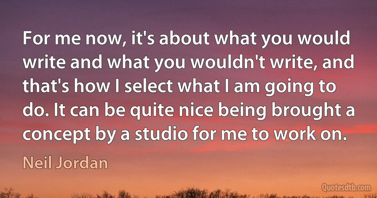 For me now, it's about what you would write and what you wouldn't write, and that's how I select what I am going to do. It can be quite nice being brought a concept by a studio for me to work on. (Neil Jordan)