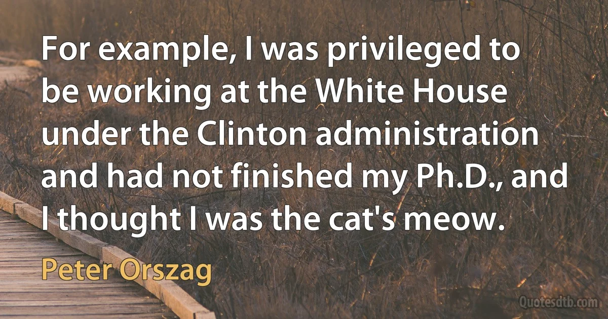 For example, I was privileged to be working at the White House under the Clinton administration and had not finished my Ph.D., and I thought I was the cat's meow. (Peter Orszag)