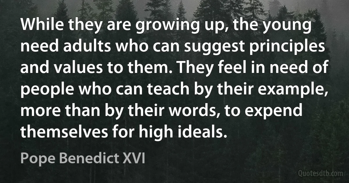 While they are growing up, the young need adults who can suggest principles and values to them. They feel in need of people who can teach by their example, more than by their words, to expend themselves for high ideals. (Pope Benedict XVI)