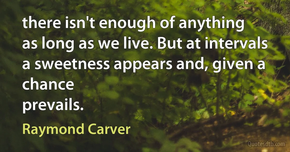 there isn't enough of anything
as long as we live. But at intervals
a sweetness appears and, given a chance
prevails. (Raymond Carver)