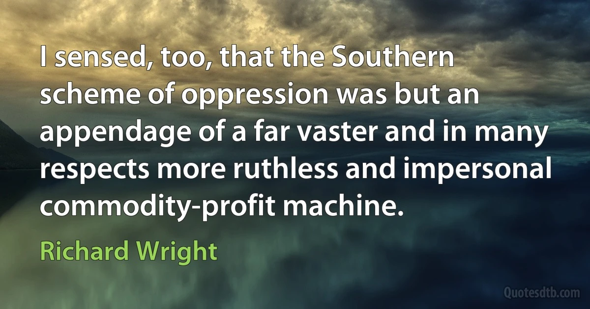 I sensed, too, that the Southern scheme of oppression was but an appendage of a far vaster and in many respects more ruthless and impersonal commodity-profit machine. (Richard Wright)