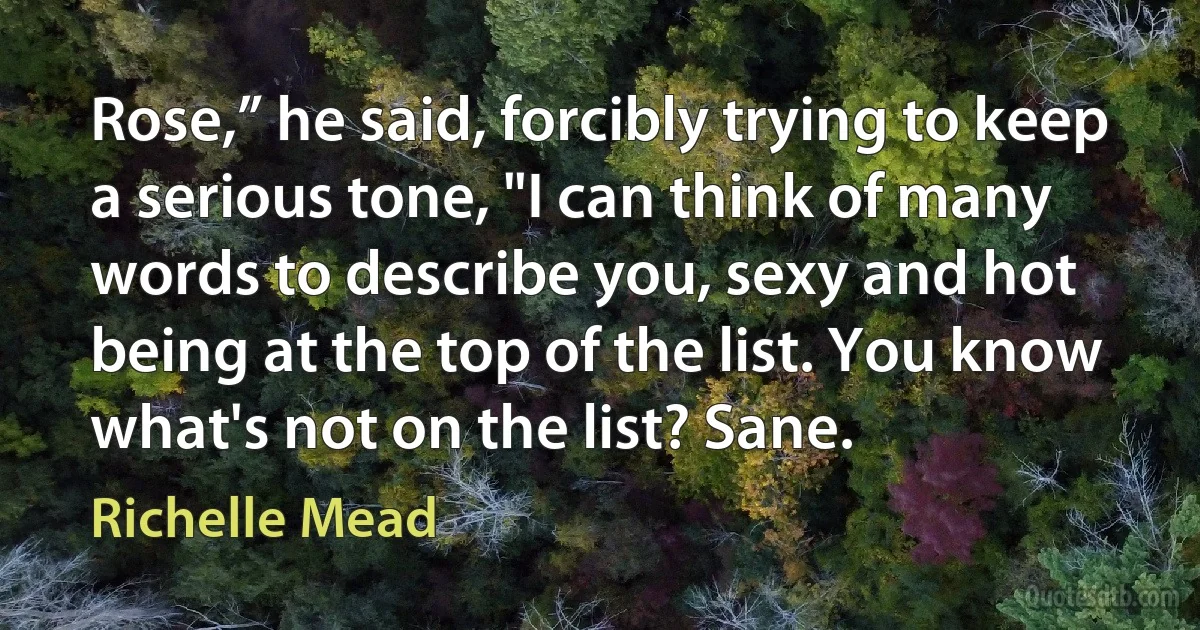 Rose,” he said, forcibly trying to keep a serious tone, "I can think of many words to describe you, sexy and hot being at the top of the list. You know what's not on the list? Sane. (Richelle Mead)