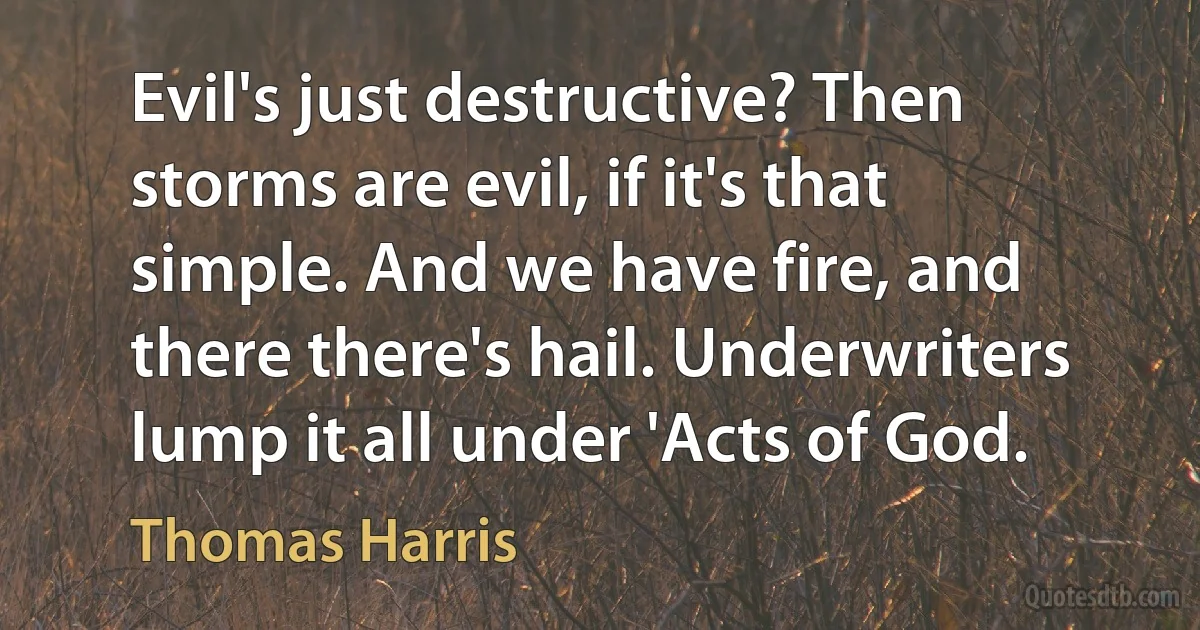 Evil's just destructive? Then storms are evil, if it's that simple. And we have fire, and there there's hail. Underwriters lump it all under 'Acts of God. (Thomas Harris)