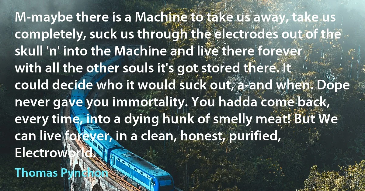 M-maybe there is a Machine to take us away, take us completely, suck us through the electrodes out of the skull 'n' into the Machine and live there forever with all the other souls it's got stored there. It could decide who it would suck out, a-and when. Dope never gave you immortality. You hadda come back, every time, into a dying hunk of smelly meat! But We can live forever, in a clean, honest, purified, Electroworld. (Thomas Pynchon)