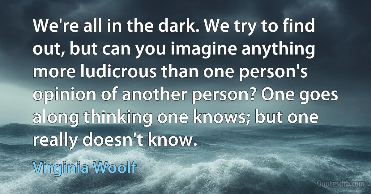 We're all in the dark. We try to find out, but can you imagine anything more ludicrous than one person's opinion of another person? One goes along thinking one knows; but one really doesn't know. (Virginia Woolf)