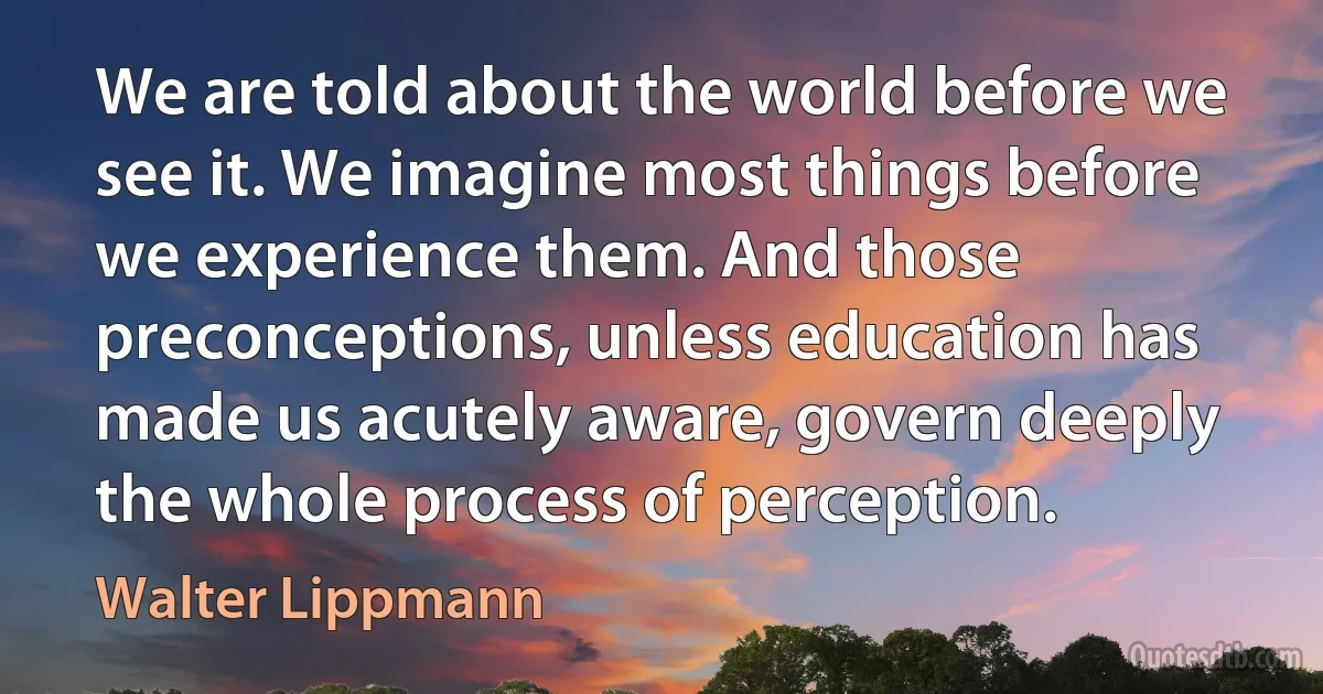 We are told about the world before we see it. We imagine most things before we experience them. And those preconceptions, unless education has made us acutely aware, govern deeply the whole process of perception. (Walter Lippmann)