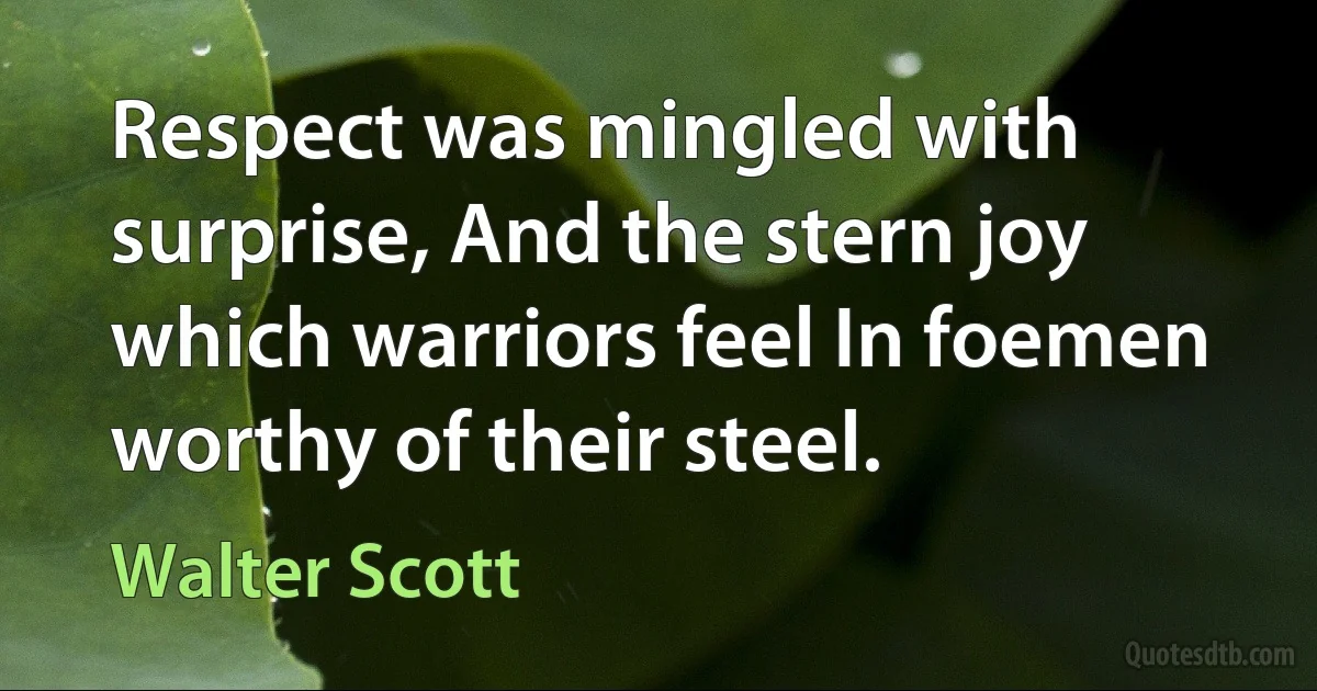 Respect was mingled with surprise, And the stern joy which warriors feel In foemen worthy of their steel. (Walter Scott)