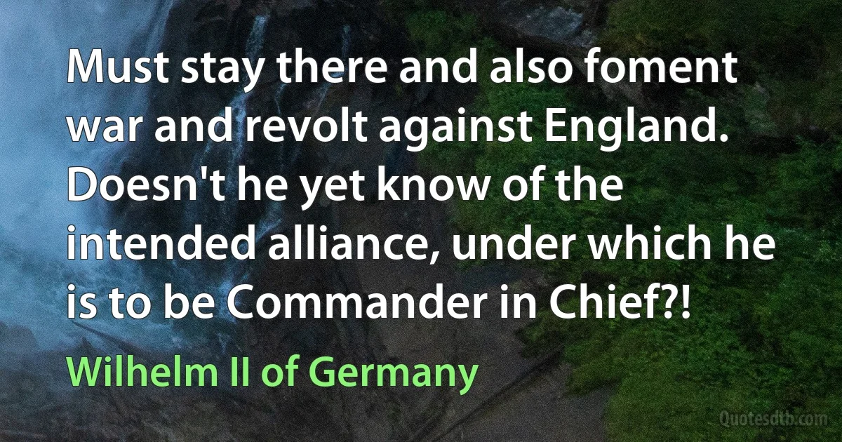 Must stay there and also foment war and revolt against England. Doesn't he yet know of the intended alliance, under which he is to be Commander in Chief?! (Wilhelm II of Germany)