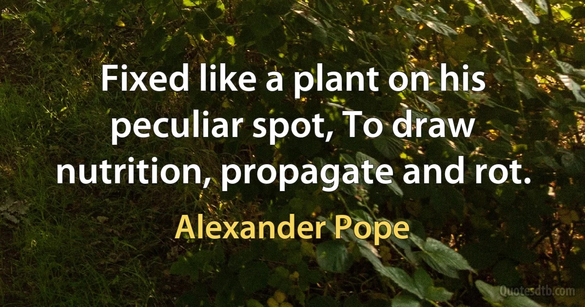 Fixed like a plant on his peculiar spot, To draw nutrition, propagate and rot. (Alexander Pope)