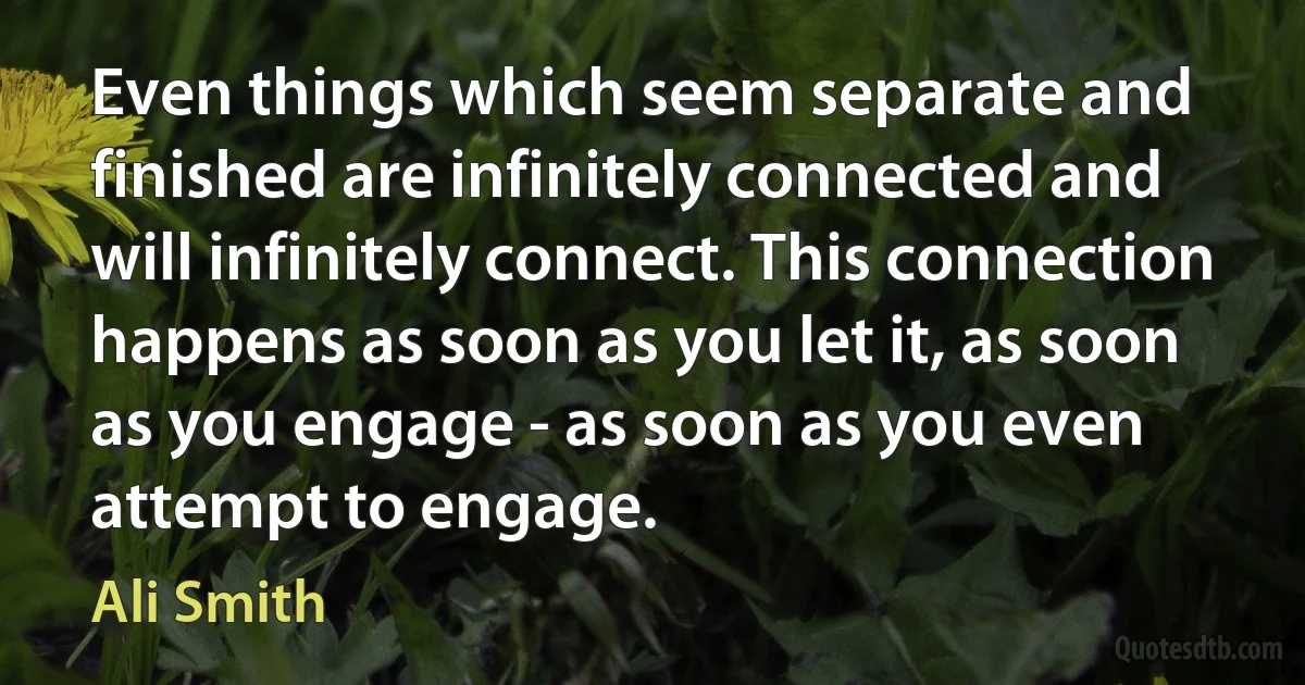 Even things which seem separate and finished are infinitely connected and will infinitely connect. This connection happens as soon as you let it, as soon as you engage - as soon as you even attempt to engage. (Ali Smith)