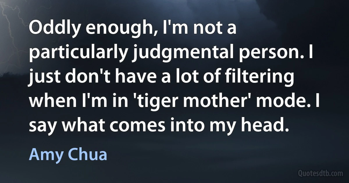 Oddly enough, I'm not a particularly judgmental person. I just don't have a lot of filtering when I'm in 'tiger mother' mode. I say what comes into my head. (Amy Chua)