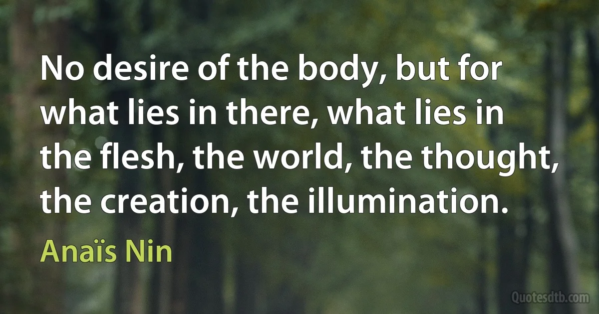 No desire of the body, but for what lies in there, what lies in the flesh, the world, the thought, the creation, the illumination. (Anaïs Nin)