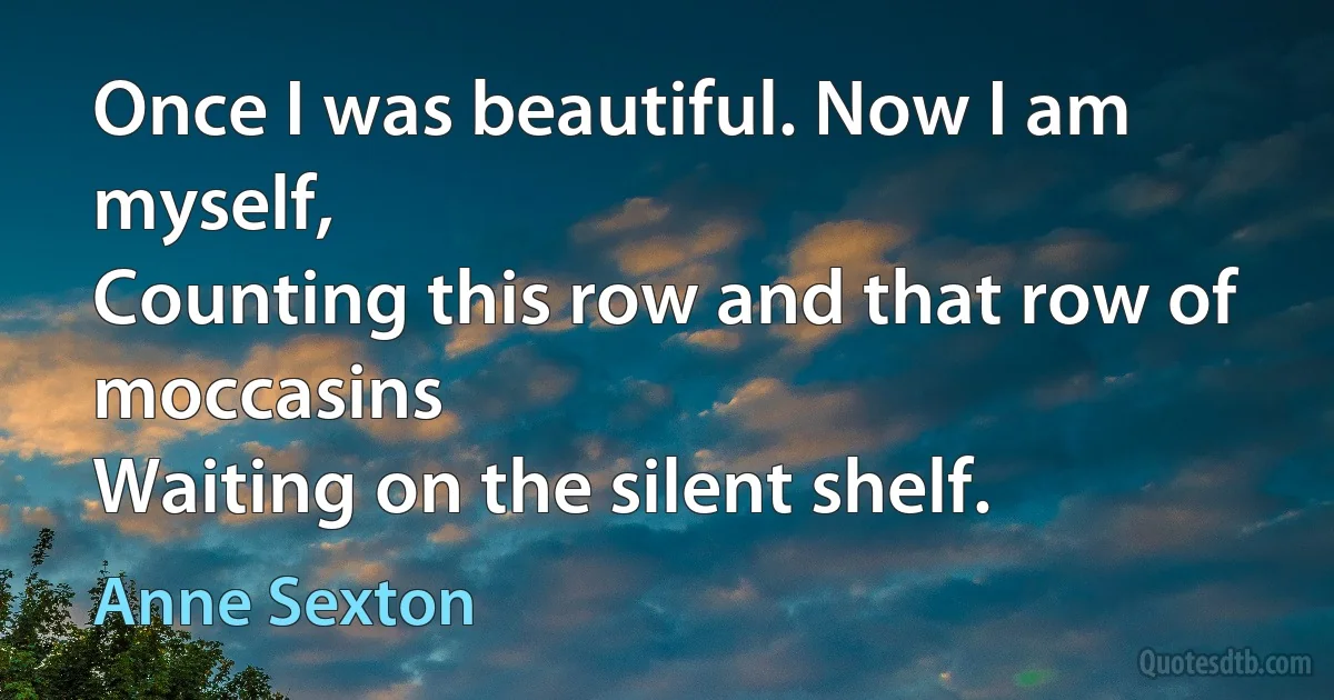 Once I was beautiful. Now I am myself,
Counting this row and that row of moccasins
Waiting on the silent shelf. (Anne Sexton)