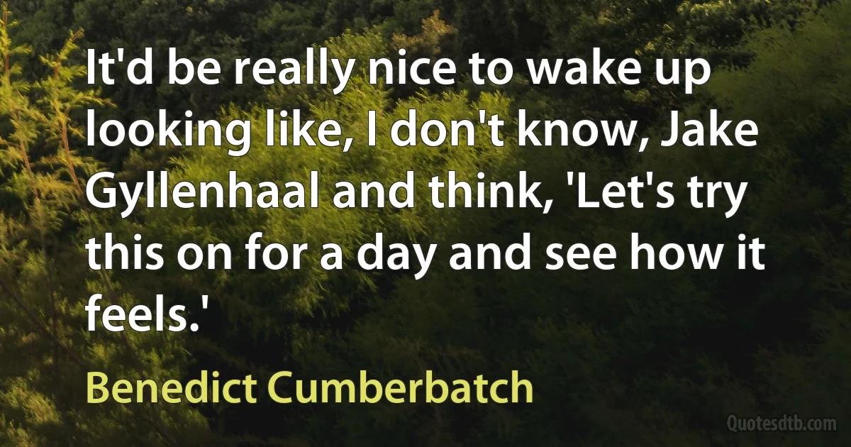 It'd be really nice to wake up looking like, I don't know, Jake Gyllenhaal and think, 'Let's try this on for a day and see how it feels.' (Benedict Cumberbatch)