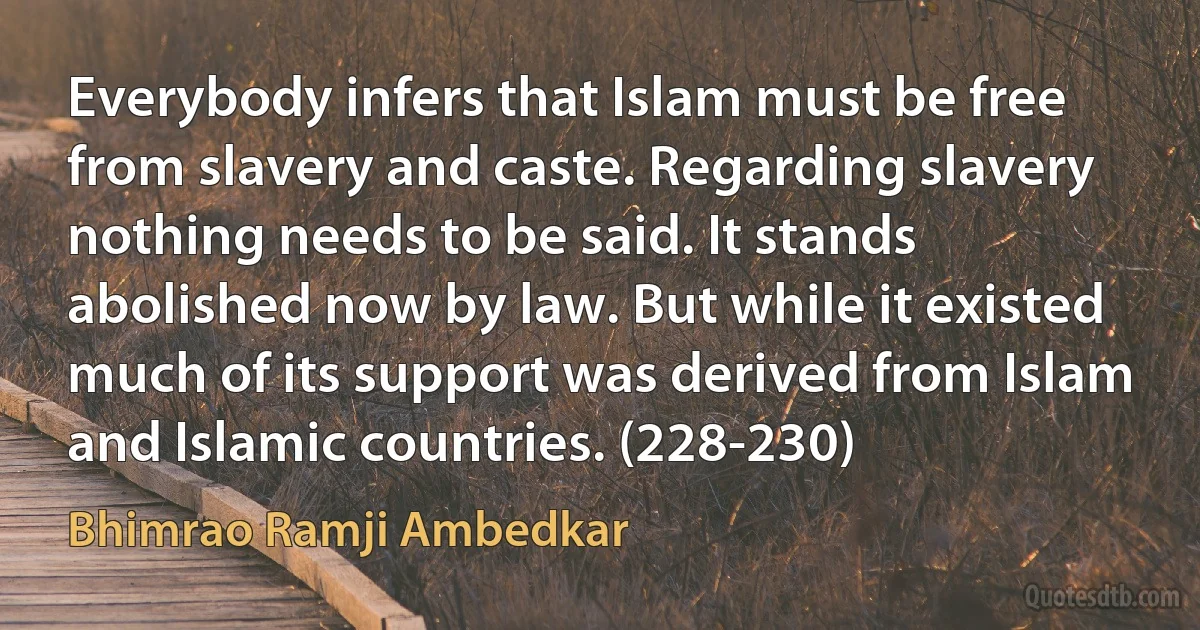 Everybody infers that Islam must be free from slavery and caste. Regarding slavery nothing needs to be said. It stands abolished now by law. But while it existed much of its support was derived from Islam and Islamic countries. (228-230) (Bhimrao Ramji Ambedkar)