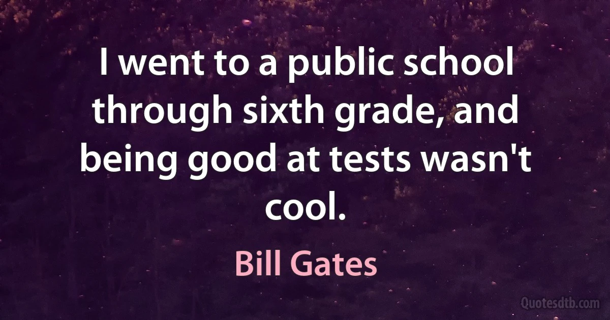 I went to a public school through sixth grade, and being good at tests wasn't cool. (Bill Gates)