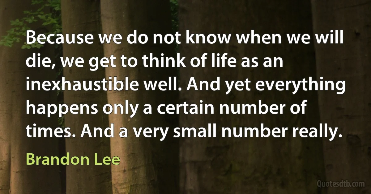 Because we do not know when we will die, we get to think of life as an inexhaustible well. And yet everything happens only a certain number of times. And a very small number really. (Brandon Lee)