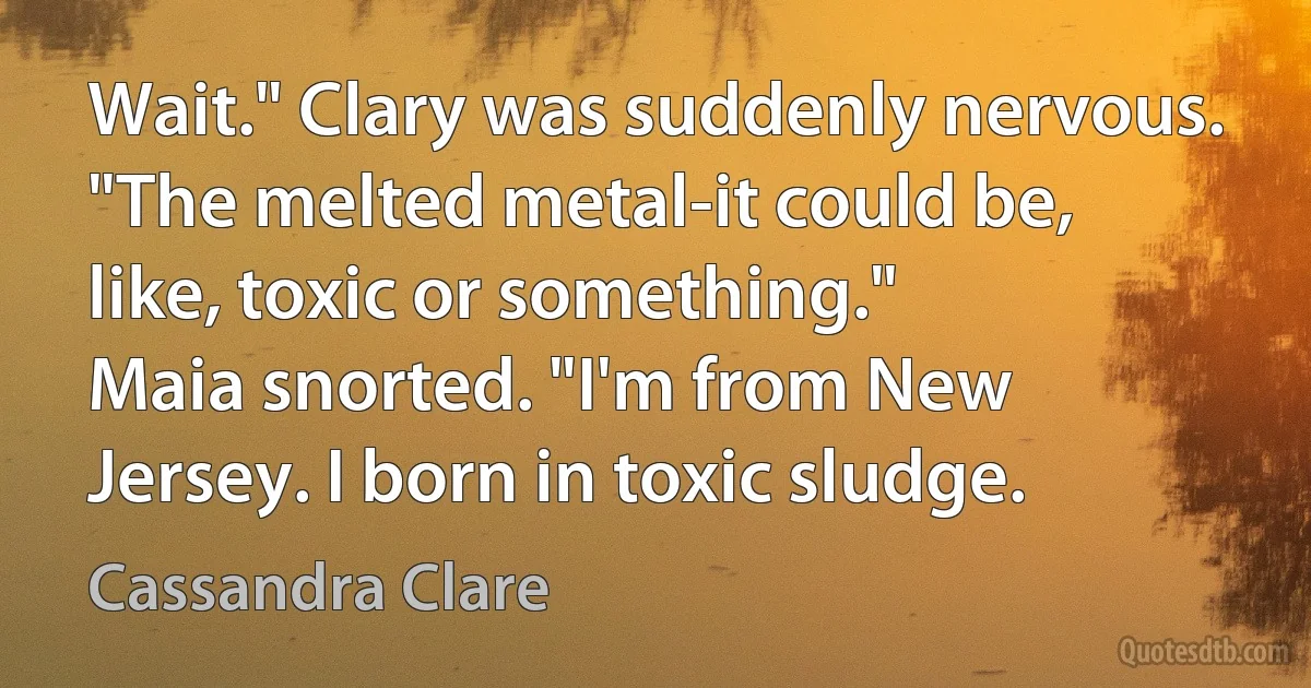 Wait." Clary was suddenly nervous. "The melted metal-it could be, like, toxic or something."
Maia snorted. "I'm from New Jersey. I born in toxic sludge. (Cassandra Clare)