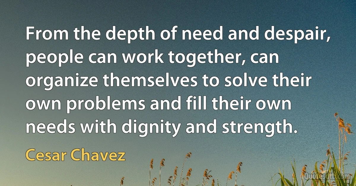 From the depth of need and despair, people can work together, can organize themselves to solve their own problems and fill their own needs with dignity and strength. (Cesar Chavez)