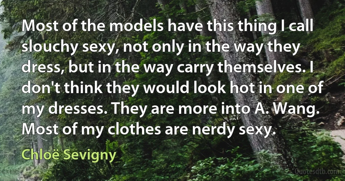 Most of the models have this thing I call slouchy sexy, not only in the way they dress, but in the way carry themselves. I don't think they would look hot in one of my dresses. They are more into A. Wang. Most of my clothes are nerdy sexy. (Chloë Sevigny)