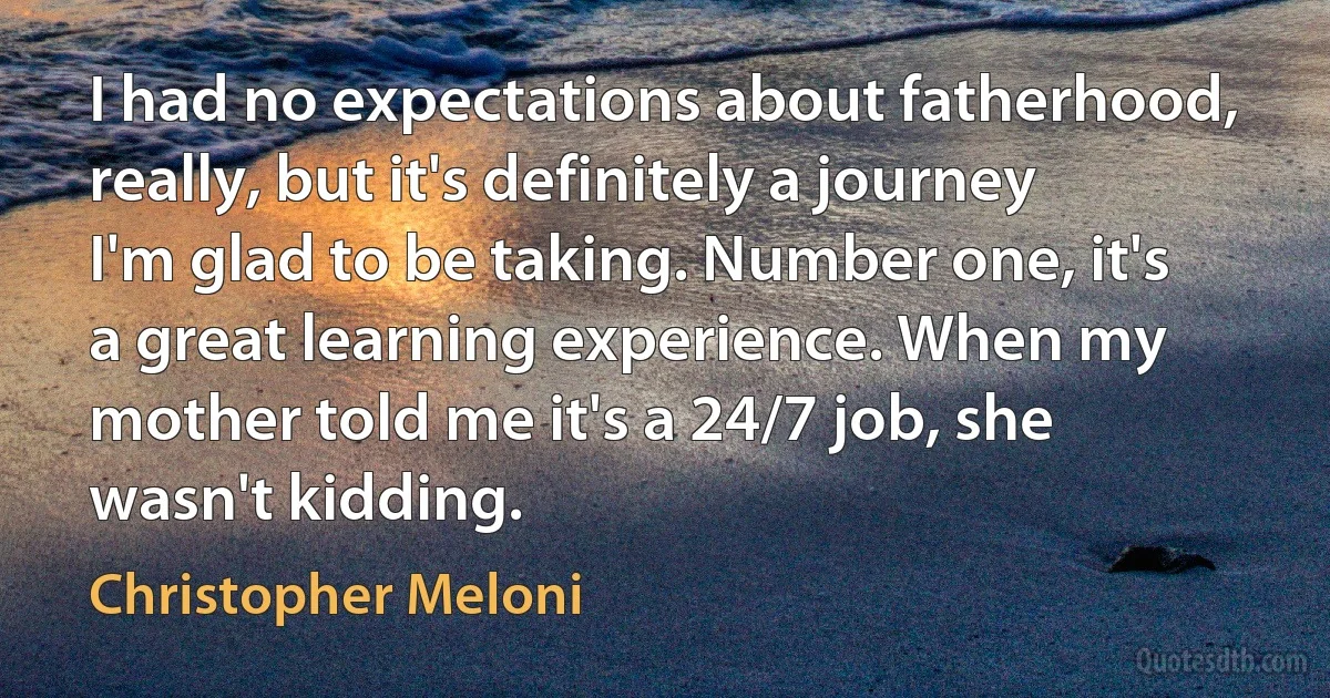 I had no expectations about fatherhood, really, but it's definitely a journey I'm glad to be taking. Number one, it's a great learning experience. When my mother told me it's a 24/7 job, she wasn't kidding. (Christopher Meloni)