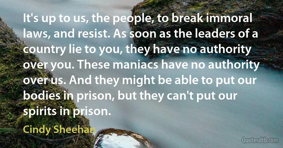 It's up to us, the people, to break immoral laws, and resist. As soon as the leaders of a country lie to you, they have no authority over you. These maniacs have no authority over us. And they might be able to put our bodies in prison, but they can't put our spirits in prison. (Cindy Sheehan)