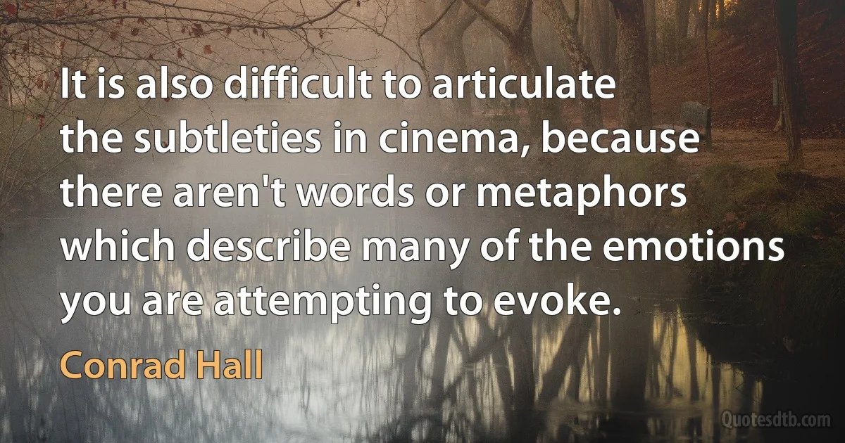 It is also difficult to articulate the subtleties in cinema, because there aren't words or metaphors which describe many of the emotions you are attempting to evoke. (Conrad Hall)