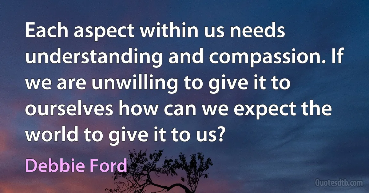 Each aspect within us needs understanding and compassion. If we are unwilling to give it to ourselves how can we expect the world to give it to us? (Debbie Ford)