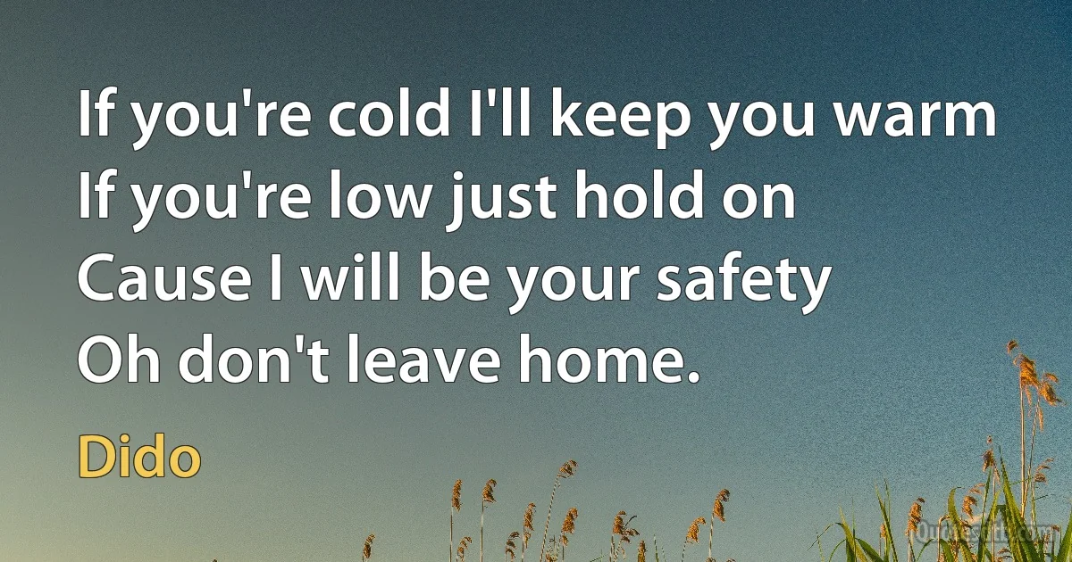 If you're cold I'll keep you warm
If you're low just hold on
Cause I will be your safety
Oh don't leave home. (Dido)