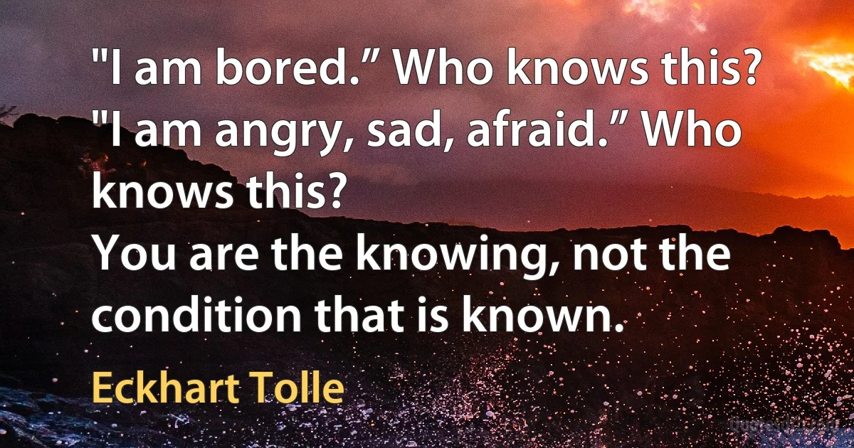 "I am bored.” Who knows this?
"I am angry, sad, afraid.” Who knows this?
You are the knowing, not the condition that is known. (Eckhart Tolle)