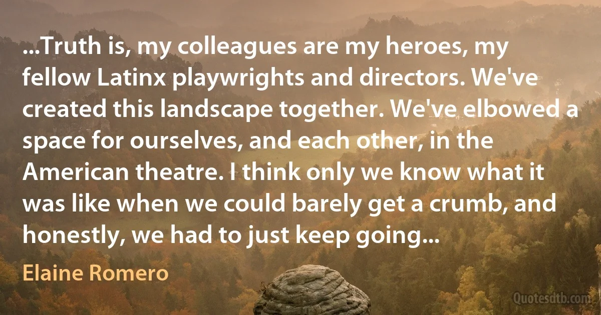 ...Truth is, my colleagues are my heroes, my fellow Latinx playwrights and directors. We've created this landscape together. We've elbowed a space for ourselves, and each other, in the American theatre. I think only we know what it was like when we could barely get a crumb, and honestly, we had to just keep going... (Elaine Romero)