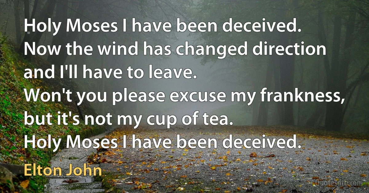 Holy Moses I have been deceived.
Now the wind has changed direction and I'll have to leave.
Won't you please excuse my frankness, but it's not my cup of tea.
Holy Moses I have been deceived. (Elton John)