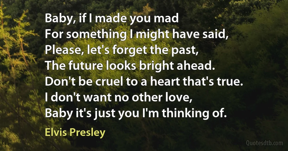 Baby, if I made you mad
For something I might have said,
Please, let's forget the past,
The future looks bright ahead.
Don't be cruel to a heart that's true.
I don't want no other love,
Baby it's just you I'm thinking of. (Elvis Presley)