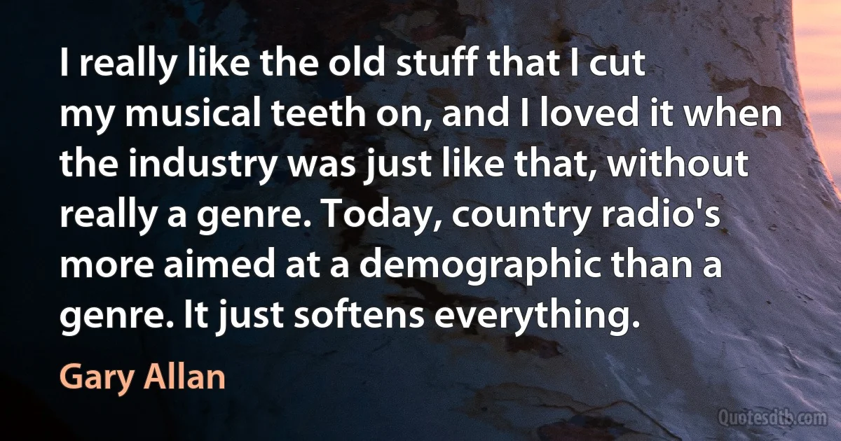 I really like the old stuff that I cut my musical teeth on, and I loved it when the industry was just like that, without really a genre. Today, country radio's more aimed at a demographic than a genre. It just softens everything. (Gary Allan)