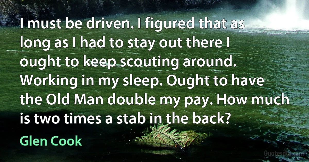 I must be driven. I figured that as long as I had to stay out there I ought to keep scouting around. Working in my sleep. Ought to have the Old Man double my pay. How much is two times a stab in the back? (Glen Cook)