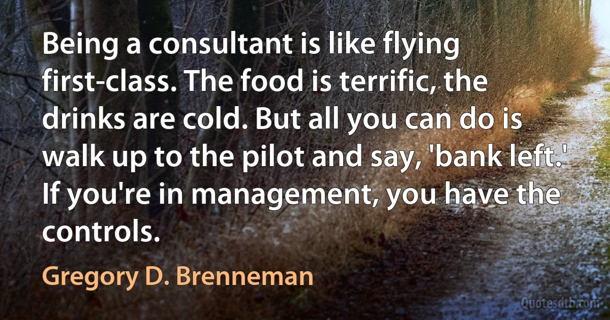 Being a consultant is like flying first-class. The food is terrific, the drinks are cold. But all you can do is walk up to the pilot and say, 'bank left.' If you're in management, you have the controls. (Gregory D. Brenneman)