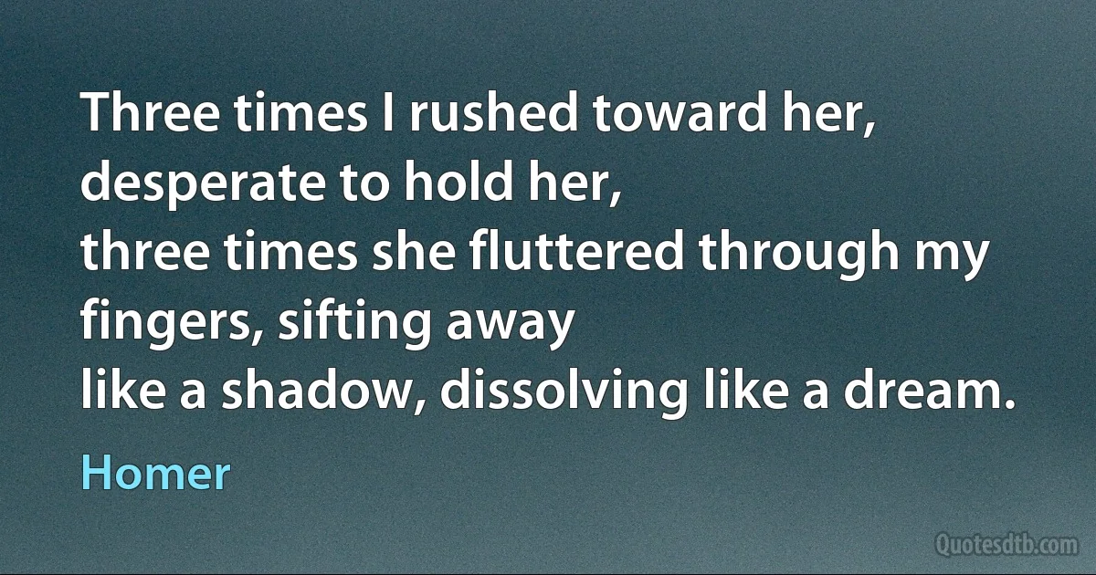 Three times I rushed toward her, desperate to hold her,
three times she fluttered through my fingers, sifting away
like a shadow, dissolving like a dream. (Homer)