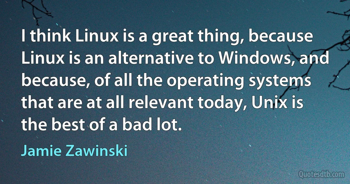 I think Linux is a great thing, because Linux is an alternative to Windows, and because, of all the operating systems that are at all relevant today, Unix is the best of a bad lot. (Jamie Zawinski)