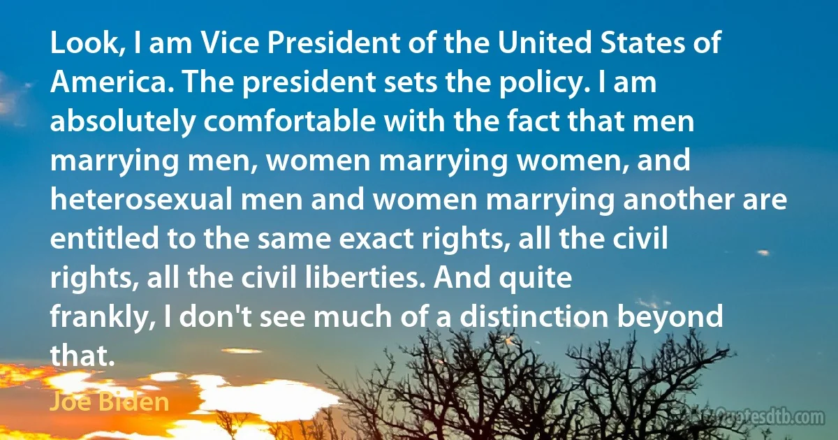 Look, I am Vice President of the United States of America. The president sets the policy. I am absolutely comfortable with the fact that men marrying men, women marrying women, and heterosexual men and women marrying another are entitled to the same exact rights, all the civil rights, all the civil liberties. And quite frankly, I don't see much of a distinction beyond that. (Joe Biden)