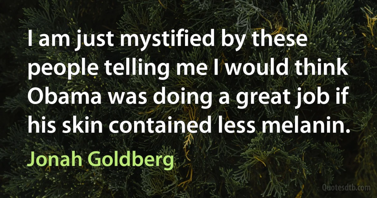 I am just mystified by these people telling me I would think Obama was doing a great job if his skin contained less melanin. (Jonah Goldberg)