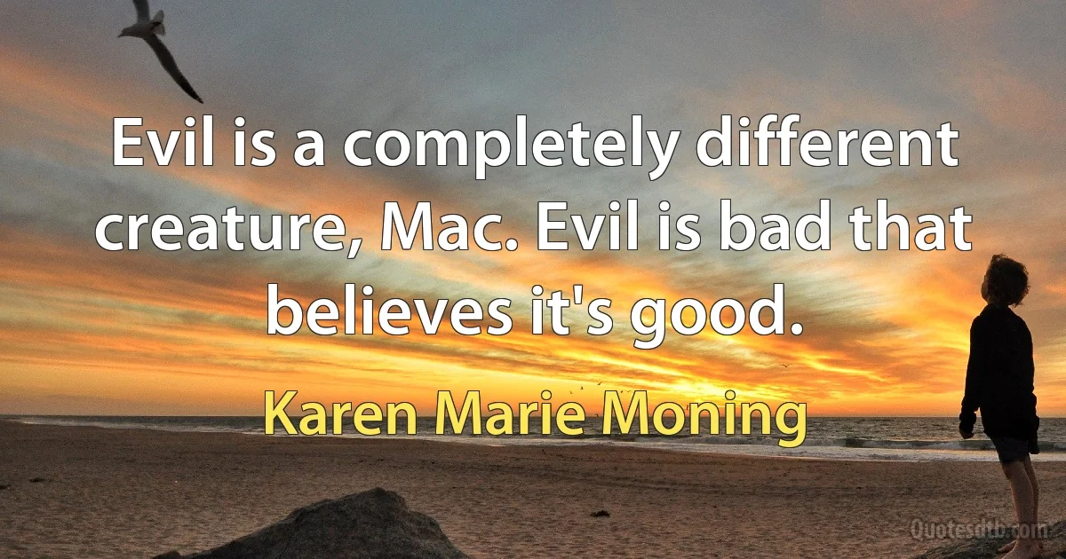 Evil is a completely different creature, Mac. Evil is bad that believes it's good. (Karen Marie Moning)