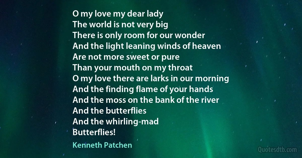 O my love my dear lady
The world is not very big
There is only room for our wonder
And the light leaning winds of heaven
Are not more sweet or pure
Than your mouth on my throat
O my love there are larks in our morning
And the finding flame of your hands
And the moss on the bank of the river
And the butterflies
And the whirling-mad
Butterflies! (Kenneth Patchen)