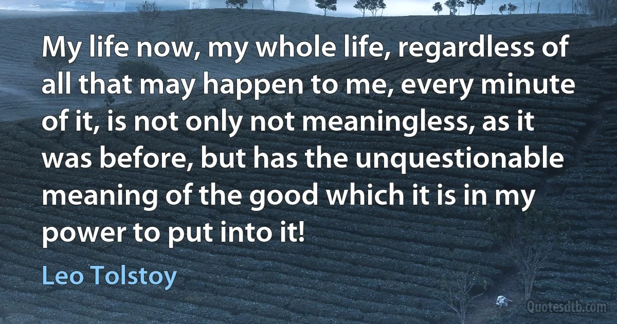 My life now, my whole life, regardless of all that may happen to me, every minute of it, is not only not meaningless, as it was before, but has the unquestionable meaning of the good which it is in my power to put into it! (Leo Tolstoy)