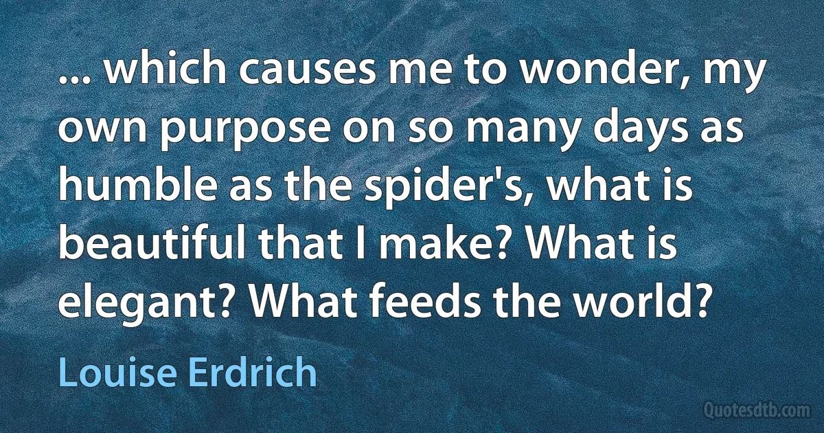 ... which causes me to wonder, my own purpose on so many days as humble as the spider's, what is beautiful that I make? What is elegant? What feeds the world? (Louise Erdrich)