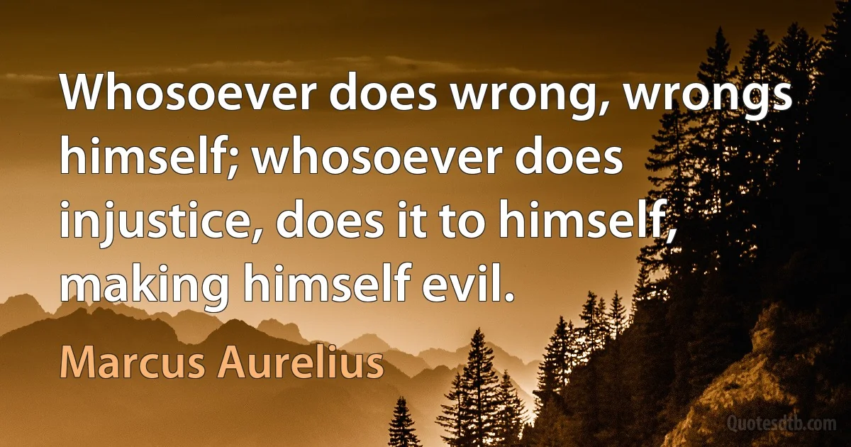 Whosoever does wrong, wrongs himself; whosoever does injustice, does it to himself, making himself evil. (Marcus Aurelius)