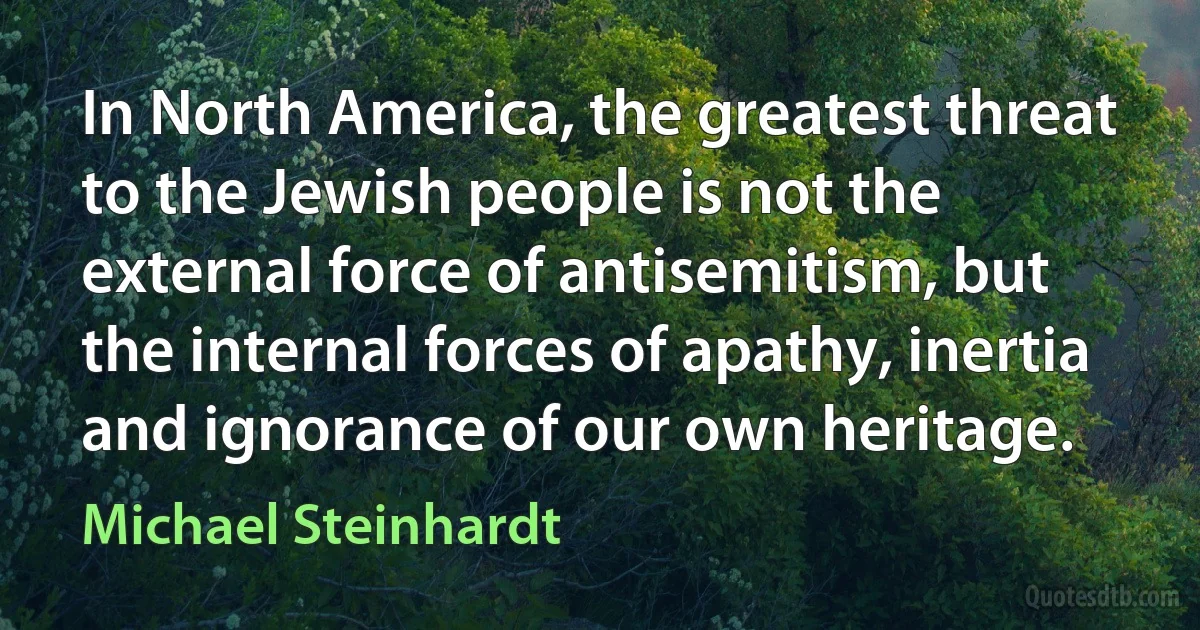 In North America, the greatest threat to the Jewish people is not the external force of antisemitism, but the internal forces of apathy, inertia and ignorance of our own heritage. (Michael Steinhardt)