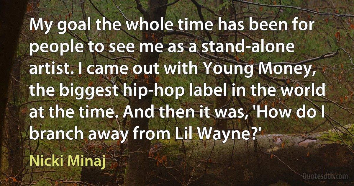 My goal the whole time has been for people to see me as a stand-alone artist. I came out with Young Money, the biggest hip-hop label in the world at the time. And then it was, 'How do I branch away from Lil Wayne?' (Nicki Minaj)