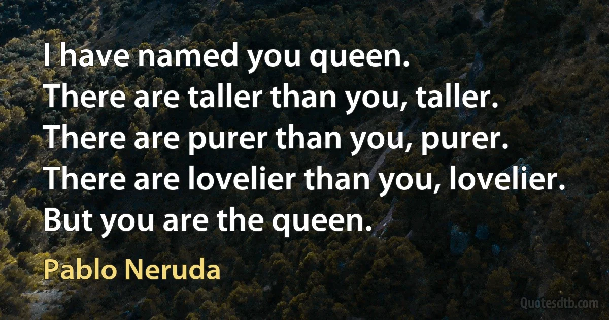 I have named you queen.
There are taller than you, taller.
There are purer than you, purer.
There are lovelier than you, lovelier.
But you are the queen. (Pablo Neruda)